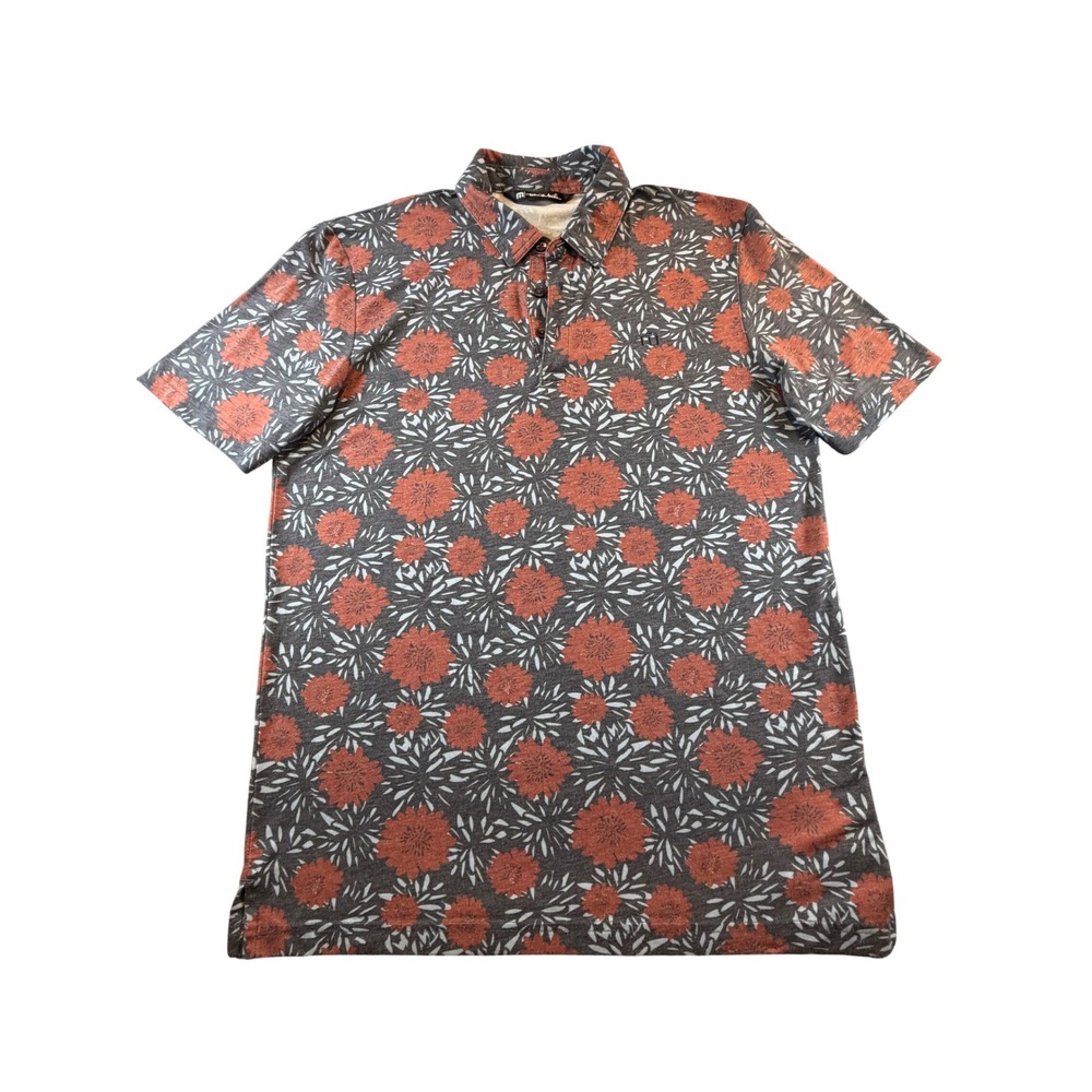 TravisMathew Mens Floral Print Short Sleeve Golf Polo Shirt Orange Grey Size M